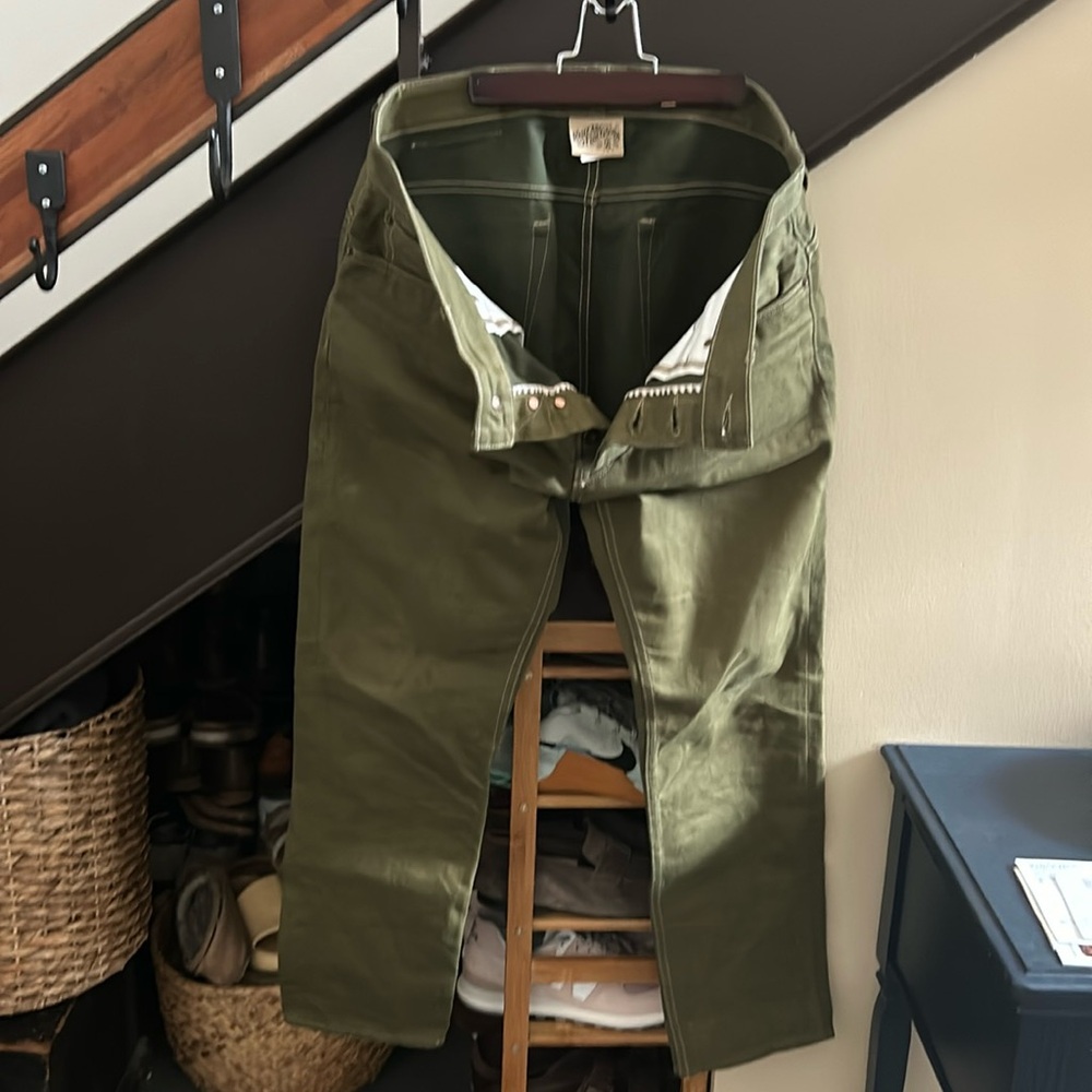 Spikes X060 Taper Leg 13.5 Oz Japanese Olive Warp Green Weft. Mens selvedge 35”